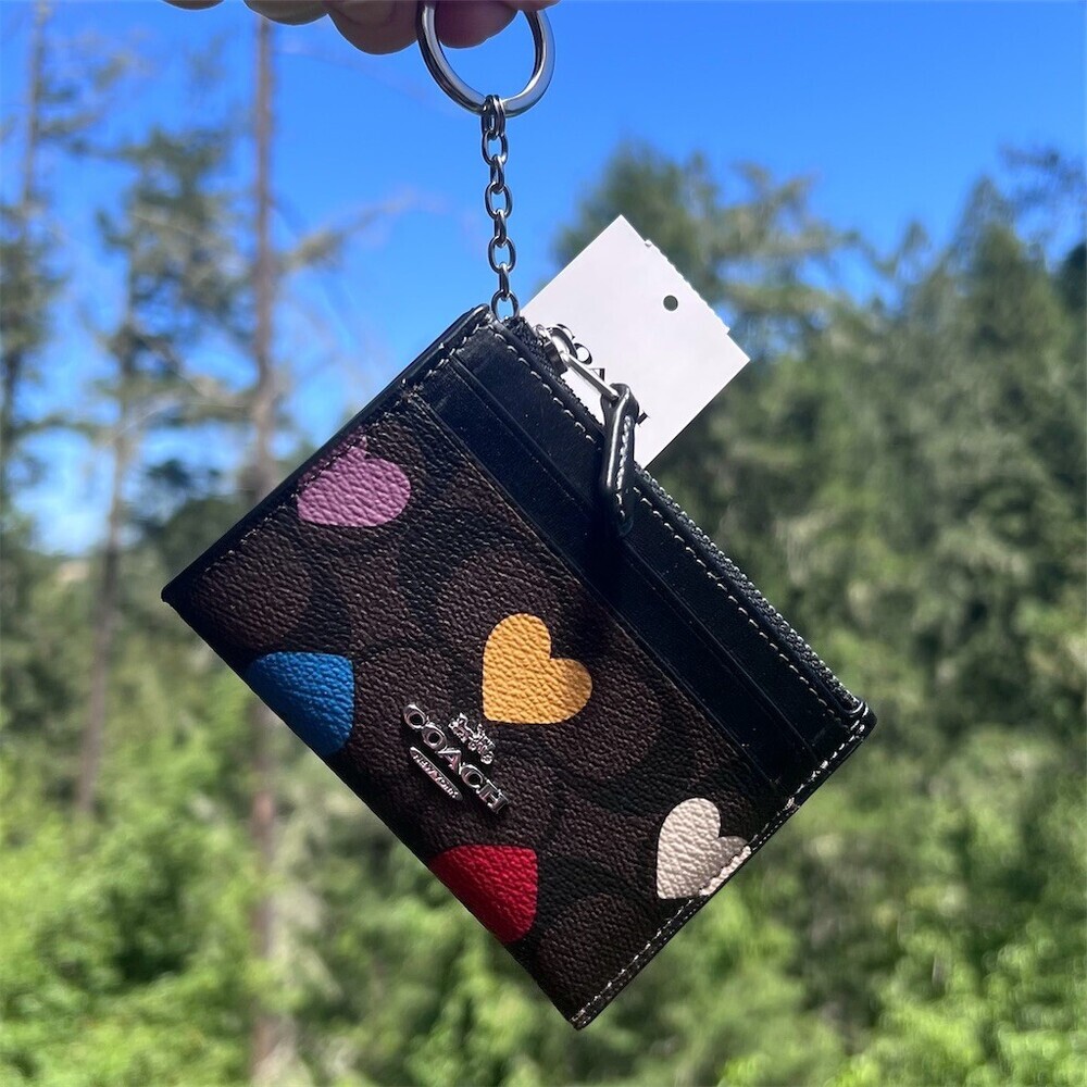 COACH Mini Skinny ID Case Key Chain Wallet Brown Signature Heart Print NWT